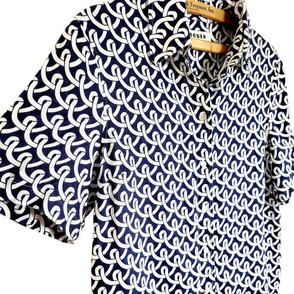 BODEN Hazel Short Sleeve Linen Shirt In Navy Blue White Geo Terrace Print Size 6 - Picture 6 of 10